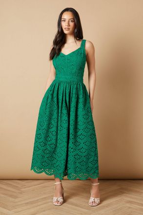 Oasis Womens Embroidered Broderie Midi Dress - Light Green - Size 10 UK