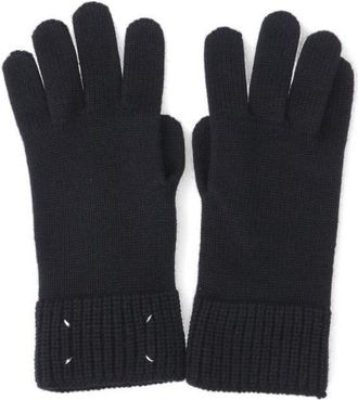 Maison Margiela Black Knit Gloves With Ribbed Cuffs And Logo Embroidery
