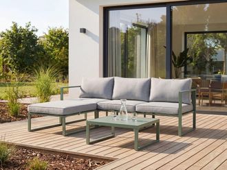 Beliani Conjunto De Jard&iacute;n Elegante De 3 Plazas Con Sof&aacute; Esquinero Izquierdo Y Mesa De Centro De Tela Estructura De Aluminio Muebles De Exterior Verde Olang