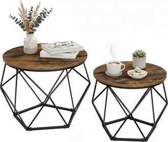 Relaxdays Relaxdays side tables, set of 2, wood-look & metal, industrial design, round, living room, brown/black