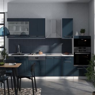 Vicco Mueble De Cocina Fame-line, Azul Oscuro Alto Brillo/blanco, 300 Cm Con Armario Alto, Sin Encimera