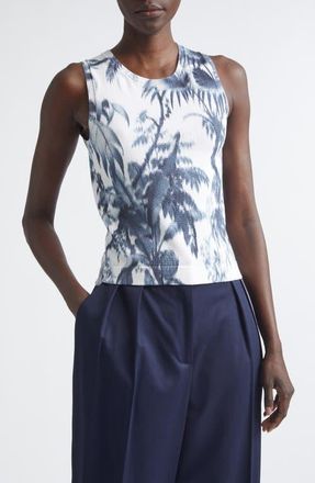 Oscar De La Renta Print Palm Leaf Sleeveless Cotton Blend Sweater in Navy/White at Nordstrom, Size X-Small