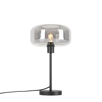 QAZQA Art D&eacute;co L&aacute;mpara De Mesa Art Deco Negra Con Cristal Ahumado - Bizle Vidrio /acero Redonda Adecuado Para Led Max. 1 X 25 Watt - Qazqa
