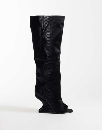 Azalea Wang Azalea Wang Vincent stivali al ginocchio con punta scoperta sleek neri effetto serpente-Nero