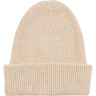 Amicale Cashmere Ribbed Cashmere Double Cuff Beanie in Oat at Nordstrom Rack