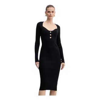Fracomina Button Ribbed Dress - Dames - Kleedjes - Zwart - XS - Leer - Kleedjes
