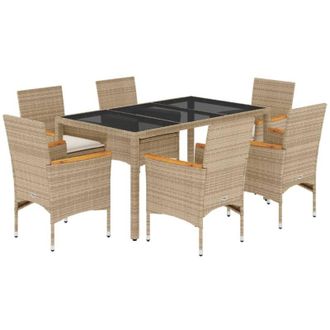 vidaXL Set Comedor Jard&iacute;n 7 Pzas Cojines Rat&aacute;n Sint&eacute;tico Vidrio Beige Vidaxl