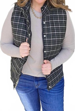 Staccato Check Plaid Snap Zipper Vest In Dark Green