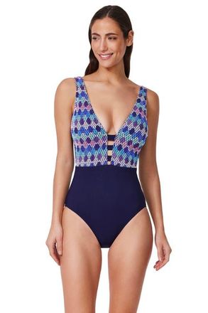 Gottex Retro Riviera Halter Netted Crochet One Piece in Blue-Multi at Nordstrom, Size 14