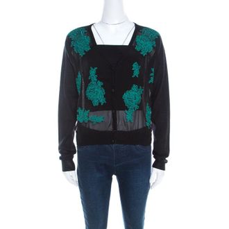 Escada Black Contrast Floral Embroidered Samaya Cropped Cardigan