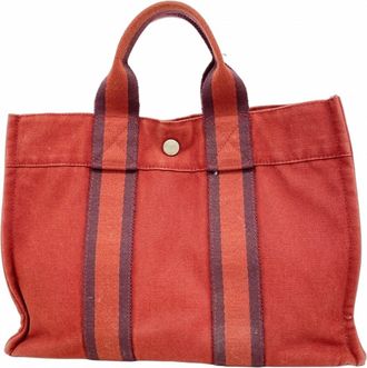 Herm&egrave;s Red Color Canvas Tote Bag (Pre-Owned)