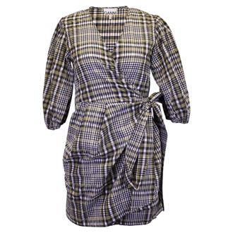 Ganni Ganni Wrap Mini Dress in Plaid Brown Cotton