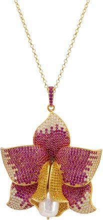 Latelita London Daffodil With Pearl Pendant Necklace Gold Ruby CZ