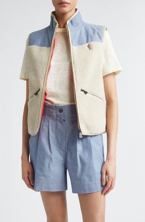 Moncler High Pile Fleece & Chambray Vest in Oyster Gray at Nordstrom, Size Xx-Small