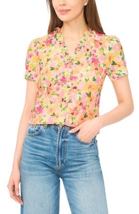 CeCe by Cynthia Steffe Floral Ruffle Trim Button-Up Top in Claret Red/Yellow Multi at Nordstrom, Size Xx-Large