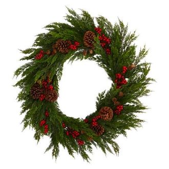 Nearly Natural 32-in Cypress with Berries and Pine Cones Artificial Wreath in Green at Nordstrom