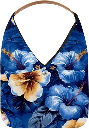 Generic Hawaiian Hibiscus Floral Blue (9) Reusable Lightweight Grocery Bags - Foldable Into Compact Pouch, Washable & Sturdy, Multipurpose for Shopping and Tr
