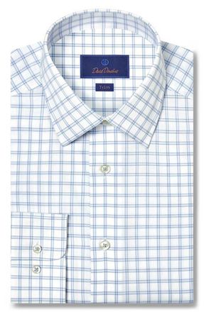 David Donahue Fit Dobby Check Cotton Dress Shirt in White/sky at Nordstrom, Size 14.5 - 32