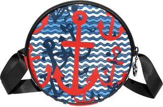 Generic Circle Crossbody Bag for Women, Wave Stripes Anchors Small Sling Bag Daypack with Zipper Adjustable Shoulder Straps Casual Ladies Girls Round Purse