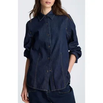 Kenneth Cole Contrast Stitch Button Down Shirt in Dark Indigo Rinse Wash at Nordstrom, Size X-Small
