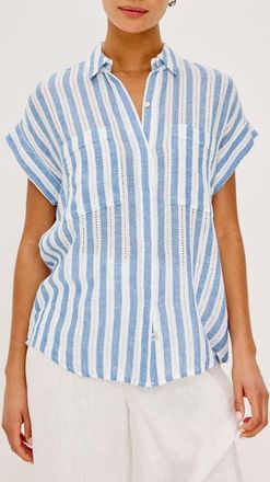 Rails Cito Stripe Short Sleeve Linen Blend Button-Up Shirt in Atlantis Stripe at Nordstrom, Size Xx-Large
