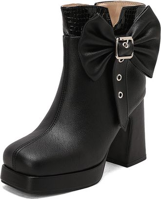 Generic Womens Elegant Ankle Boots with Oversized Bow Crocodile Pattern Trim Chunky Block Heels Platform Sole Comfortable Anti-Slip Wear-Resistant for Daily P