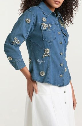 Cinq &agrave; Sept Flower Crystal Stretch Denim Shirt in Light Wash at Nordstrom, Size 0