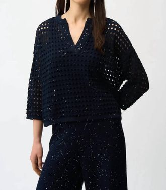 Joseph Ribkoff Sequined Open Knit V-Neck Boxy Sweater Top In Midnight Blue