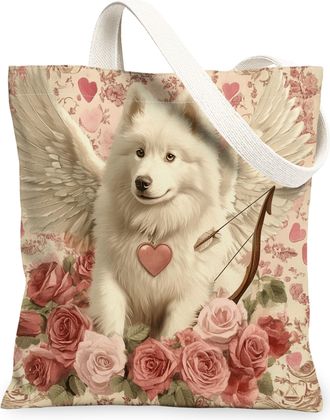 Generic Valentines Day Samoyed Dog Canvas Tote Bag for Shopping 13x15, Vintage Puppy Reusable Grocery Print Pattern Bag for Women, Retro Pet Beach Aesthetic P