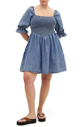 City Chic Kaitlyn Smocked Denim Minidress in Light Wash at Nordstrom, Size Xxxs