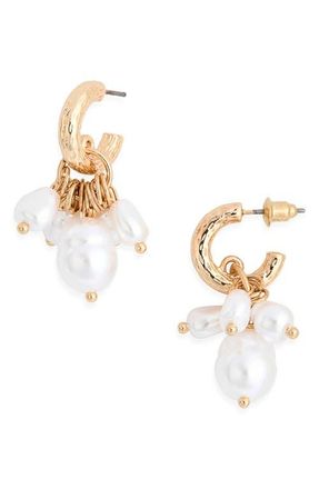 BP. Faux Pearl Drop Hoop Earrings in Ivory- Gold at Nordstrom