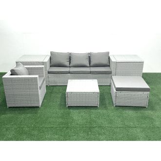 Fimous Garden Outdoor Furniture Set 5 Seater Rattan Sofa Set with Big Footstool Armchair 2 Side Tables Light Grey Mixed - Fimous