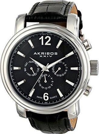 Akribos XXIV Ultimate Multi-Function Black Dial Black Leather Mens Watch 734SSB