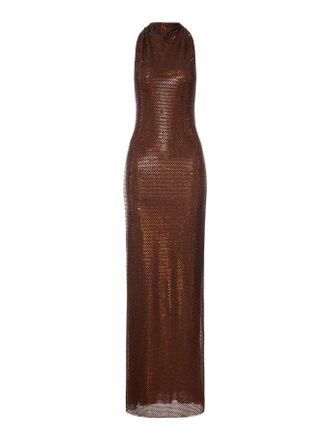 Self Portrait LONG BROWN DRESS WITH RHINESTONE AND HALTER NECKLINE - Self-portrait - Woman
