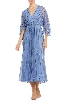 Mac Duggal Sequin Beaded Stripe Cape Sleeve V-Neck Gown in Periwinkle at Nordstrom, Size 12