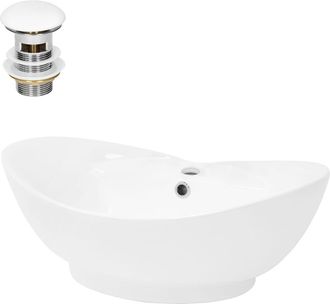 ECD Germany Lavabo blanco de cerámica con juego de desagüe con reborsadero