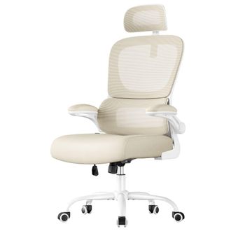 Songmics Silla de oficina de malla con reposabrazos plegables de color beige