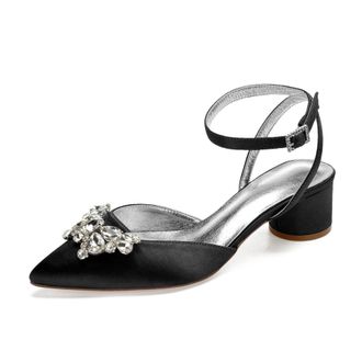 Generic Heels Wedding Shoes Pointed Toe Slingback Bridal Low Block Heels Comfortable Prom Evening Formal Party Shoes 4.5Cm,Black,4 UK
