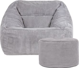 Icon Brand Corduroy Bean Bag Armchair & Round Beanbag Footstool in Light Grey
