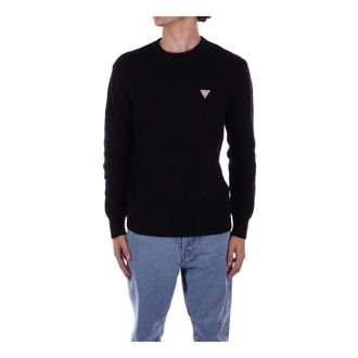 Guess Round-neck Knitwear, male, Black, Size: 2XL Black Logo Front Sweater