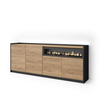 Skraut Home Aparador efecto madera roble y negro 207x37x80cm chimenea efecto fuego