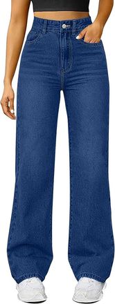 Generic Womens Stretch Denim Jeans Elasticated High Waist Wide Leg Trousers Straight Leg Baggy Pull On Bootcut Flare Casual Streetwear with Pockets Dark Blue