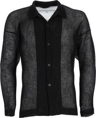 Homme Pliss&eacute; Issey Miyake Black Semi-Sheer Ribbed Polyester Casual Shirt