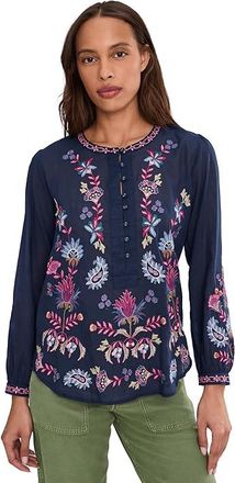 Johnny Was Field Henley Blouse - Kesia Womens Clothing Blue Night : XS, Cotton