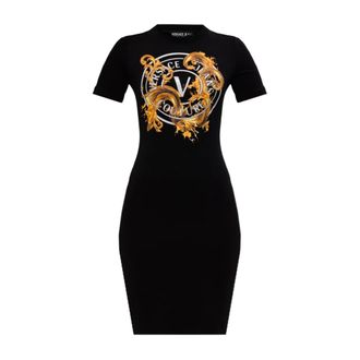 Versace Jeans Couture Short Dresses, female, Black, Size: 2XS Dress with print and shimmering sequins