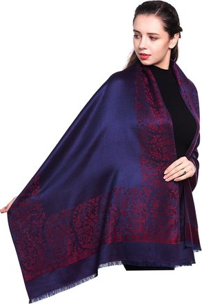 World of Shawls Ladies Floral Paisley Bordered Pashmina Feel Shawl Scarf Wrap Stole Luxuriously Warm Soft and Silky Touch (Double Sided Reversible - Indigo/Red)
