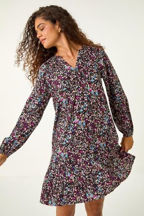 Roman Animal Abstract Pintuck Smock Dress