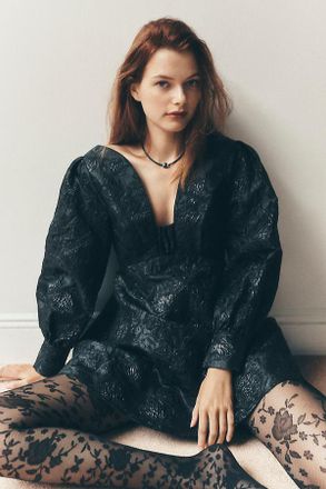 Maeve Long-Sleeve V-Neck Jacquard Babydoll Mini Dress