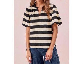 Bibi Stripe Balloon Sleeve Ruffled V-Neck Top In Black/white