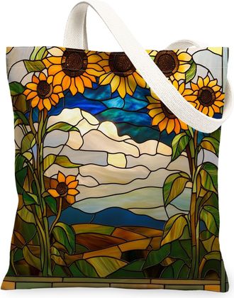Generic Stained Glass Sunflower Flower Canvas Tote Bag for Shopping 13x15, Cool Floral Garden Reusable Grocery Print Pattern Bag for Women, Fun Wildflower Bea